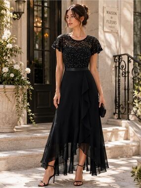 BeryLove Black Lace Sparkly High-Low Formal Maxi Dress XS